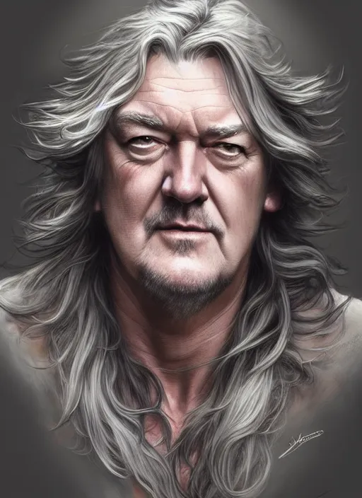 Image similar to portrait of james may, d & d, muscular, long grey hair, fantasy, intricate, elegant, highly detailed, digital painting, artstation, concept art, smooth, sharp focus, illustration, art by artgerm and greg rutkowski and alphonse mucha