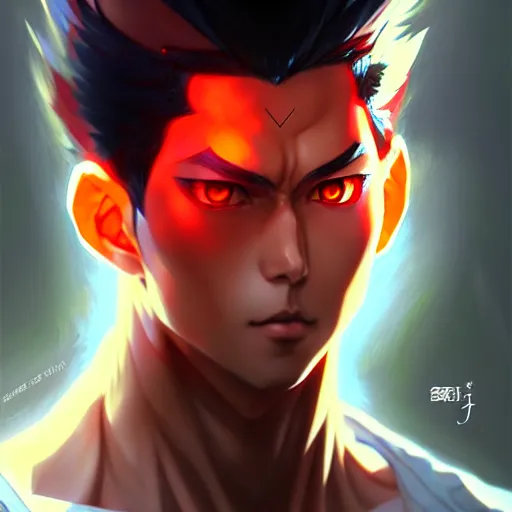 Image similar to anime portrait of a slick black hair guy with red eyes by stanley artgerm lau, wlop, rossdraws, james jean, andrei riabovitchev, marc simonetti, and sakimichan, trending on artstation