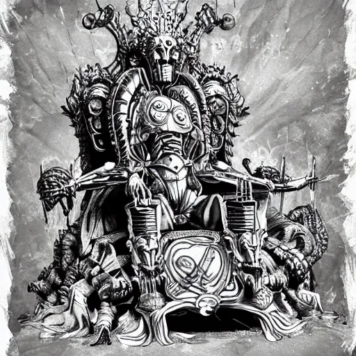 Image similar to illustration. the corpse emperor on his golden throne. 4 0 k. body horror.