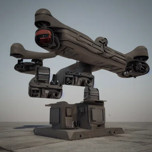 Image similar to a brutalist military quadcopter with mounted turret, minimalist design, kodak 2383 vision color, 3d render, octane render, depth of field, trending on artstation, 4k, hd