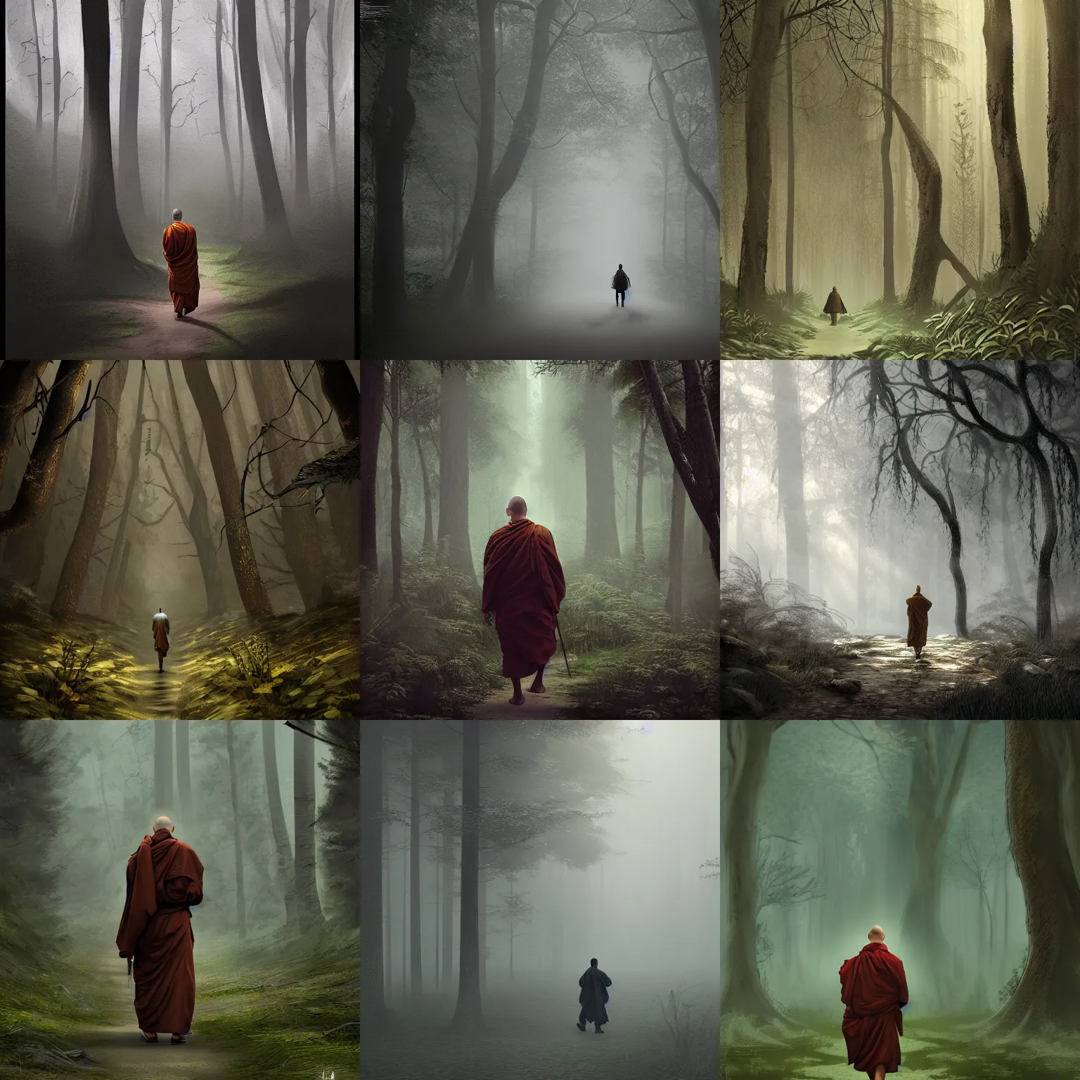 Prompt: a monk walking through a mystical, spooky, oppressive forest. Artwork, Highly detailed, artstation