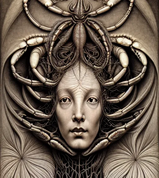 Image similar to detailed realistic beautiful crab goddess face portrait by jean delville, gustave dore, iris van herpen and marco mazzoni, art forms of nature by ernst haeckel, art nouveau, symbolist, visionary, gothic, neo - gothic, pre - raphaelite, fractal lace, intricate alien botanicals, ai biodiversity, surreality, hyperdetailed ultrasharp octane render