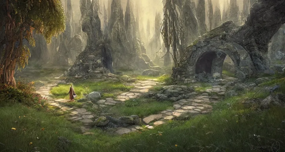 Image similar to Beautiful uplifting glade bg. Elven stone monuments along the pathway. Mysterious stone monuments. J.R.R. Tolkien's Middle-Earth. Trending on Artstation. Digital illustration. Artwork by Darek Zabrocki and Sylvain Sarrailh. Concept art, Concept Design, Illustration, Marketing Illustration, 3ds Max, Blender, Keyshot, Unreal Engine, ZBrush, 3DCoat, World Machine, SpeedTree, 3D Modelling, Digital Painting, Matte Painting, Character Design, Environment Design, Game Design, After Effects, Maya, Photoshop.