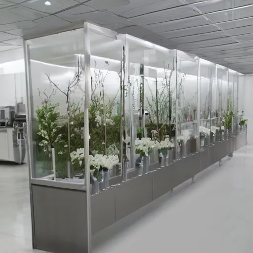 Prompt: flower shop design by white science labotory, made of stainless steel and glass, laboratory equipment