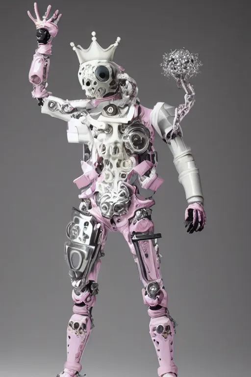 Image similar to full-body rococo and cyberpunk style porcelain and chrome statue of a young attractive Marcelo Mastro android novinho gostoso e dotado falling from the sky, glowing white laser eyes, prince crown of pink gears, diamonds, swirling silver-colored silk fabric. futuristic elements. full-length view. space robots. human skulls. intricate artwork by caravaggio. Trending on artstation, octane render, cinematic lighting from the right, hyper realism, octane render, 8k, depth of field, 3D