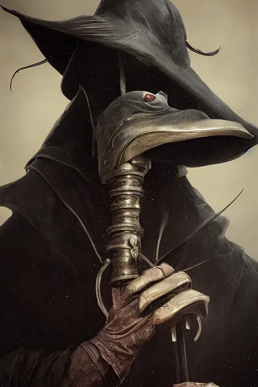 Image similar to A fancy portrait of a Plague Doctor by Greg Rutkowski, Sung Choi, Mitchell Mohrhauser, Maciej Kuciara, Johnson Ting, Maxim Verehin, Peter Konig, Bloodborne, 8k photorealistic, cinematic lighting, HD, high details, dramatic, dark atmosphere, trending on artstation