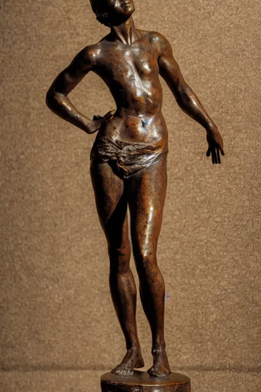 Image similar to detailed photo of famous old bronze patina statue of woman, various poses, photorealism, intricate detail, a few light reflexions, museum diffuse lighting