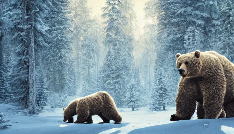 Image similar to giant bear in a snowy forest, game map matte painting, hyperdetailed, artstation, cgsociety, 8 k