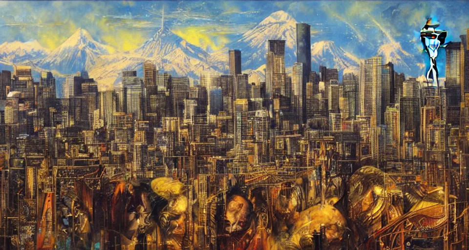 Prompt: Seattle skyline, by Karol Bak