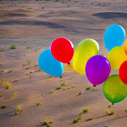 Image similar to floating rainbow colored party balloons in the desert, photography, high resolution 8 k, 3 5 mm lens,