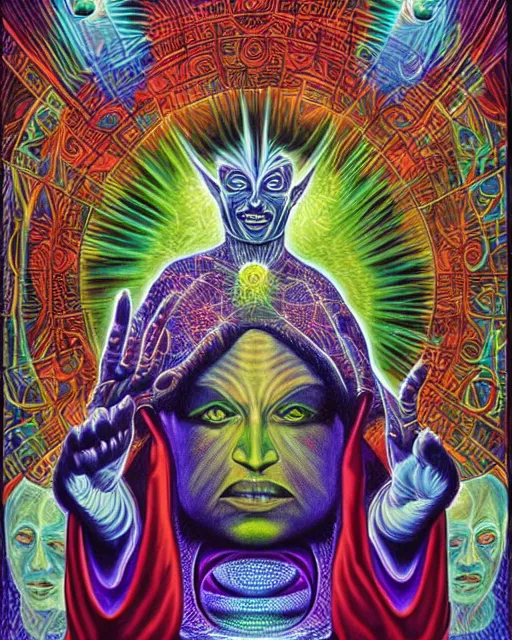 Prompt: blue glowing alien high priest god at the altar by alex grey