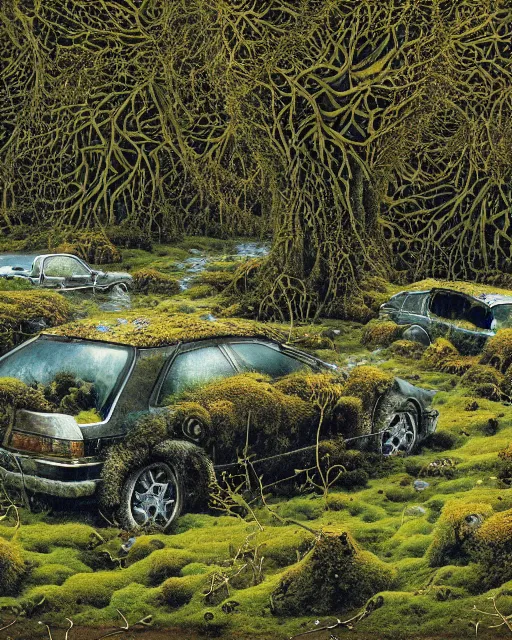 Image similar to panoramic view, superintelligent ecological matrix of moss and lichen dotted biomechanical trees growing on junkyard heaps of electronics and automobiles among puddles of glistening oil, artists bev doolittle and philippe caza, high contrast cinematic light, mystical shadows, sharp focus, octane render, three dimensional autostereogram optical illusion, repeating patterns