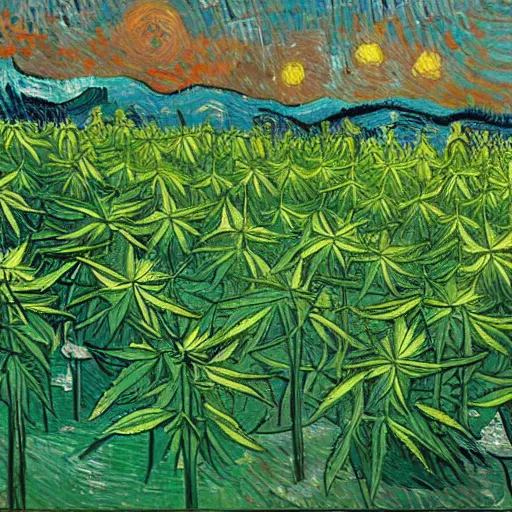 Prompt: jimm kerry spreads his hands against the background of growing cannabis. an oil painting in the style of van gogh