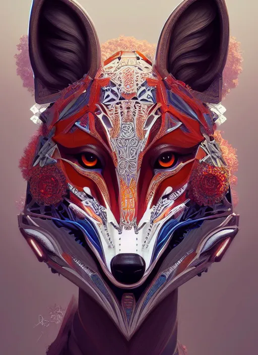 Image similar to symmetry!! portrait of a hybrid robot fox, floral! horizon zero dawn machine, intricate, elegant, highly detailed, digital painting, artstation, concept art, smooth, sharp focus, illustration, art by artgerm and greg rutkowski and alphonse mucha, 8 k