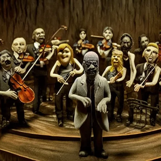 Prompt: the last orchestra, extremely detailed claymation art, extremely realistic, dark, moody, foggy