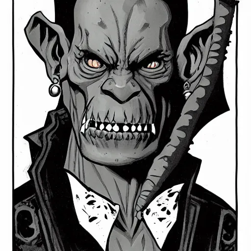 Image similar to skinny moria orc, portrait, by mike mignola, greyscale,