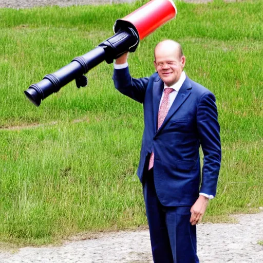 Image similar to Olaf Scholz holding a rocket launcher