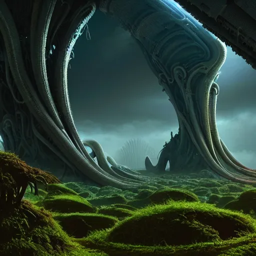 Prompt: a beautiful matte painting of an alien landscape of lush and mystical flora, remnants of a crashed spaceship, alien creatures emerging, sunrise, by Giger and Ralph McQuarrie and Bruce Pennington, cinematic lighting, ambient light, hyperrealism, hires, octane render, 8k, iridescent accents, vray