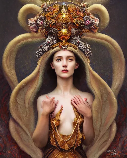 Image similar to portrait of the strangly beautiful young goddess of poppy, surreal, fantasy, intricate, elegant, dramatic lighting, emotionally evoking symbolic metaphor, highly detailed, lifelike, photorealistic, digital painting, painterly, artstation, concept art, smooth, head in focus, sharp focus, illustration, art by John Collier and Krenz Cushart and Artem Demura and Alphonse Mucha and Albert Aublet,