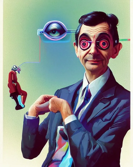 Image similar to mr bean as future coder man looking on, sleek cyclops display over eyes and sleek bright headphoneset, neon accent lights, holographic colors, desaturated headshot portrait digital painting by dean cornwall, rhads, john berkey, tom whalen, alex grey, alphonse mucha, donoto giancola, astronaut cyberpunk electric