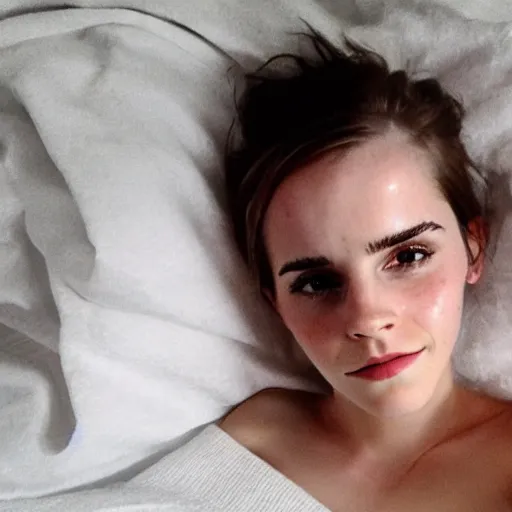 Image similar to emma watson in bed, under a white blanket, bare shoulders, freckles, no makeup, no filter, natural skin, messy hair, sleepy, smiling sheepishly