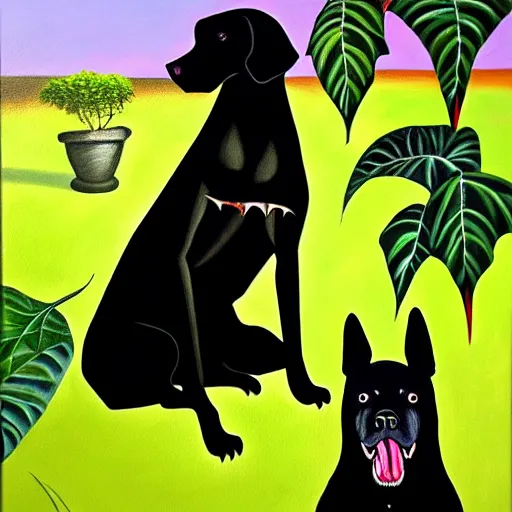 Image similar to oil painting of a vicious black dog bearing its fangs next to brugmansia suaveolens flowers, dark background, scary