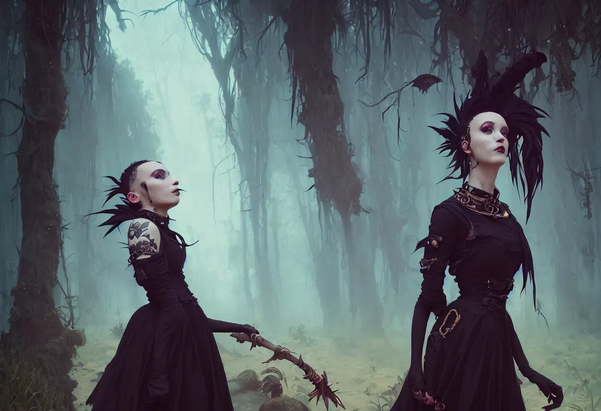 Image similar to beautiful portrait, goth girl, piercings collar, mohawk hairstyle, medieval dress. witch, makeup. unreal engine, greg rutkowski, loish, rhads, beeple, tom bagshaw, alphonse mucha, global illumination, detailed and intricate environment