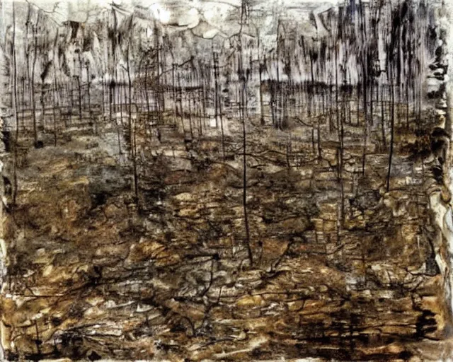 Image similar to A haunted landscape. Anselm Kiefer.