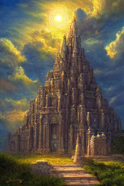 Prompt: digital painting detailed mystical temple under a magic sky by James gurney