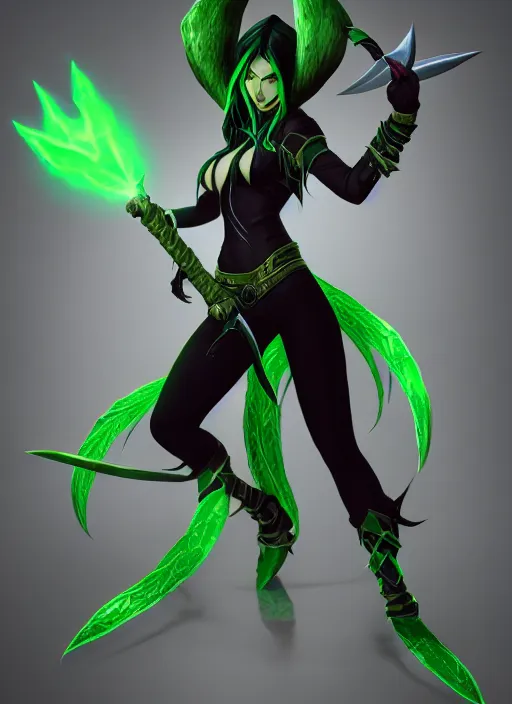 Image similar to dark akali, from league of legends, holding green daggers, ninja costume, hyper detailed, digital art, trending in artstation, cinematic lighting, studio quality, smooth render, unreal engine 5 rendered, octane rendered, art style by klimt and nixeu and ian sprigger and wlop and krenz cushart