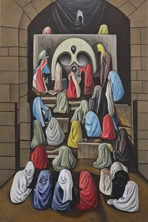 Image similar to hooded disciples in masks praying to an electric eye monument in a brutalist courtyard, lowbrow surrealism, oil on canvas