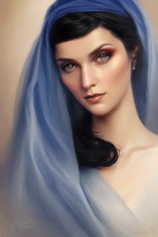 Image similar to modern arab Ameera al-Taweel, bright blue eyes, wavy black hair, white veil, closeup, focus face, elegant, highly detailed, centered, oil painting, artstation, concept art by tom bagshaw