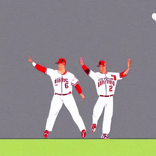 Prompt: mike trout and shohei ohtani holding hands and ascending towards the sky, drawing in the style of a new yorker cartoon