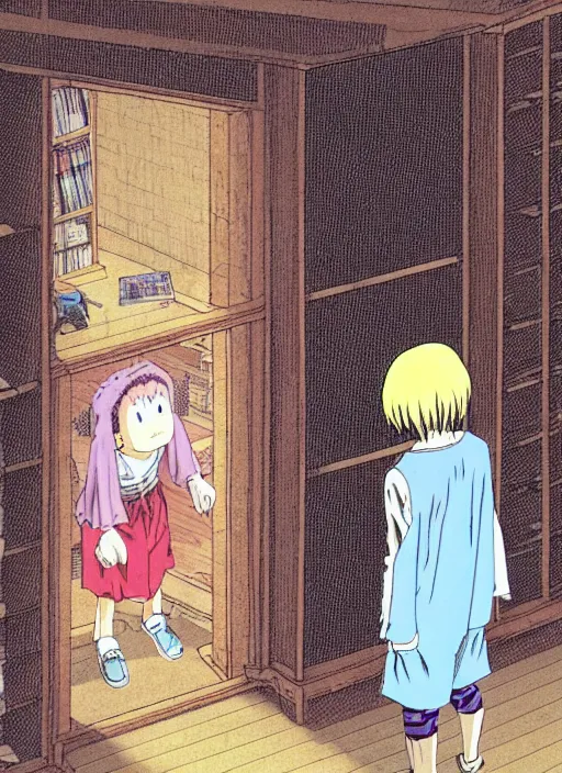 Prompt: a woman who listens to grunge music looking curiously at a strange ghost of a weird kid standing closely to her left side in the creepy library, by Akira Toriyama, Katsuhiro Otomo, Yoshitaka Amano, and Nico Tanigawa.