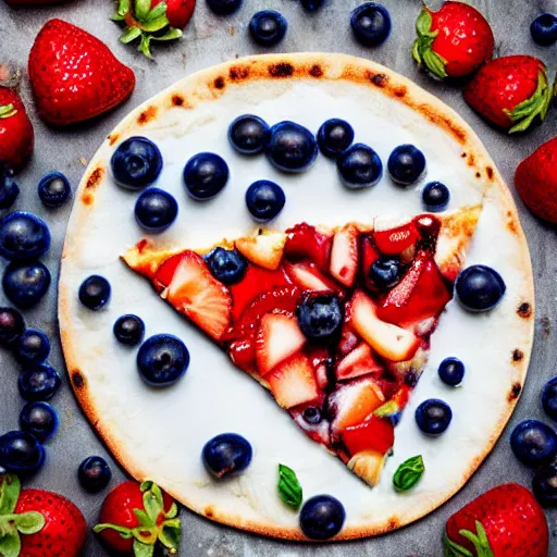 Image similar to a pizza of blueberries, strawberries and coconut, realistic photo, studio photo, professional photo, commercial photo, hdr, trend in artstation