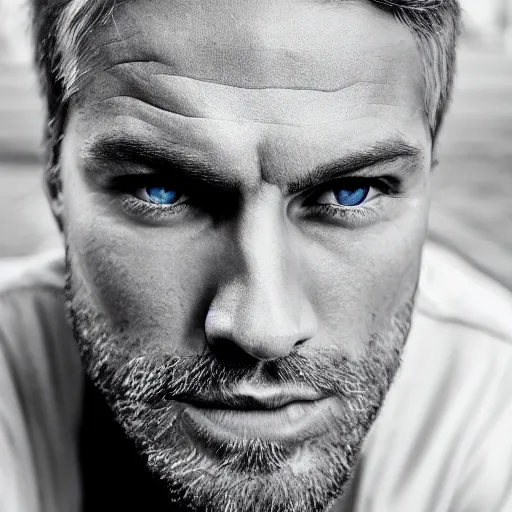 Image similar to portrait of luc lecointre, handsome, blue eyes, symmetric eyes, short beard, 4 k, high quality, ultra realistic