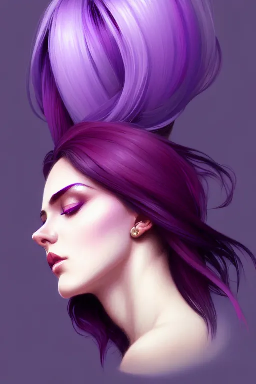 Image similar to Purple hair, creative colouring Portrait of woman face profile, fashion, colored strands of hair, intricate, elegant, highly detailed, digital painting, artstation, concept art, smooth, sharp focus, illustration, art by artgerm and greg rutkowski and alphonse mucha