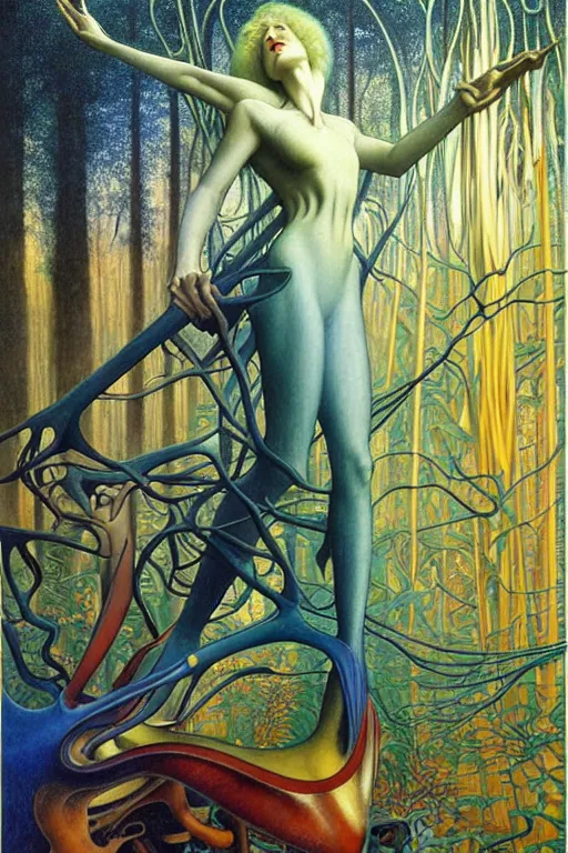 Image similar to realistic detailed painting of the beautiful nike sneaker, futuristic sci-fi forest on background by Jean Delville, Amano, Yves Tanguy, Alphonse Mucha, Edward Robert Hughes, Roger Dean, rich moody colours, blue eyes