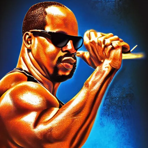 Image similar to stevie wonder with the physique of a body builder, hyper realistic, ultra detailed, cinematic, dynamic lighting, photorealistic, refined, intricate, digital art, digital painting, masterpiece, 8k