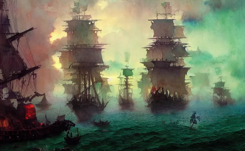 Image similar to pirate galleon fleet. intricate, amazing composition, colorful watercolor, by ruan jia, by maxfield parrish, by marc simonetti, by hikari shimoda, by robert hubert, by zhang kechun, illustration, gloomy, volumetric lighting, fantasy