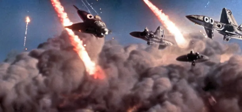 Image similar to a film still of an epic ww 2 space battle, explosions, directed by roger corman, wide angle, rule of thirds, colorful, thunderbirds, hbo, 4 k, hd, hyperrealistic, 7 0 mm