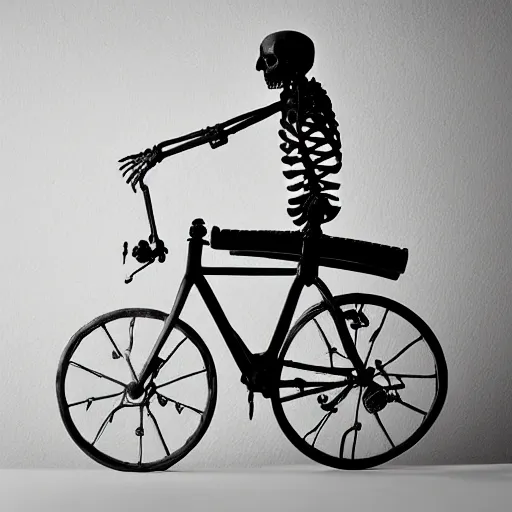 Image similar to “skeleton with a huge head riding a bicycle, studio lighting”