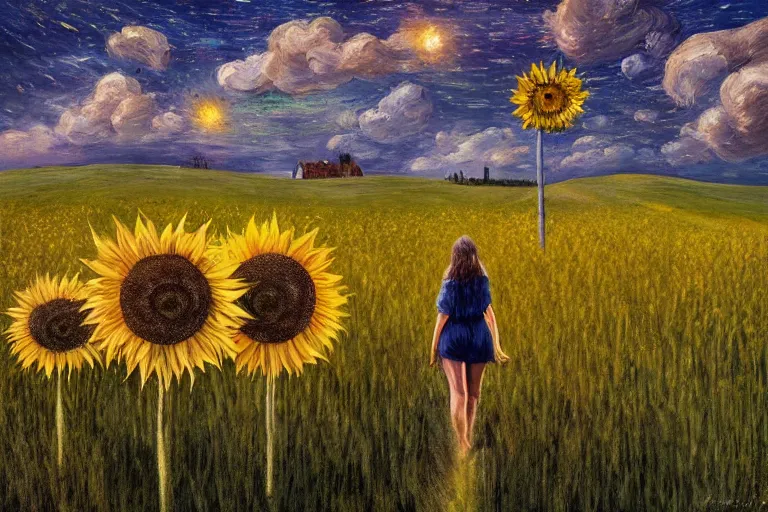 Image similar to giant sunflower as a head, girl walking in wheat field, hills, surreal photography, dark night, star trails, dramatic light, impressionist painting, clouds, digital painting, artstation, simon stalenhag