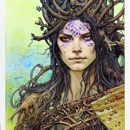 Prompt: a realistic and atmospheric watercolour fantasy character concept art portrait of a freckled incredibly beautiful woman as a druidic warrior wizard looking at the camera with an intelligent gaze by rebecca guay, michael kaluta, charles vess and jean moebius giraud