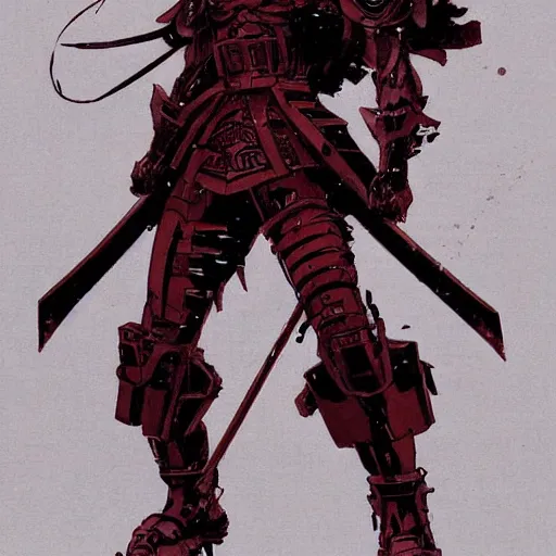 Image similar to an anime man with dark red hair, wearing samurai armor, drawn by yoji shinkawa, sci - fi, highly detailed,