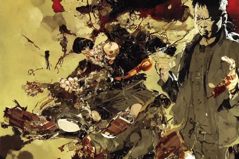 Prompt: full page illustration of tetsuo eating pills, by Katsuhiro Otomo, Phil hale, Ashley wood, Ilya repin, frank frazetta, 8k, hd, high resolution print