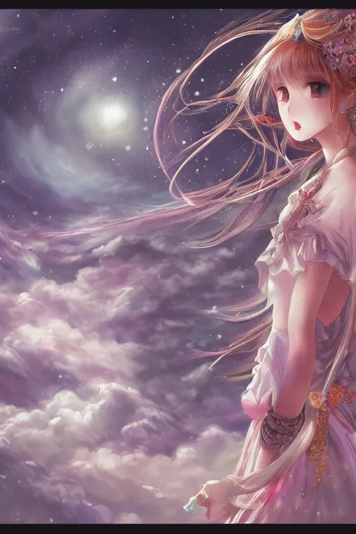 Image similar to beautiful ultra detailed manga Illustration of a girl in a celestial fantasy landscape, Full Art Illustration, by ying yi, artstation