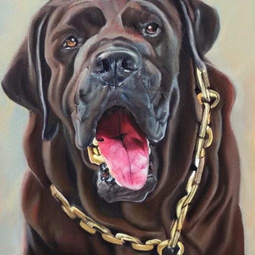 Prompt: mad dog on a chain, oil painting by jennifer pochinski,