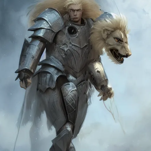 Image similar to a beautiful award winning commission of an anthro albino lion dressed in knight armour,digital art,art by greg rutkowski,character design by charles bowater,ross tran,photorealistic,highly detailed,detailed face,4k,dramatic,deviantart,artstation