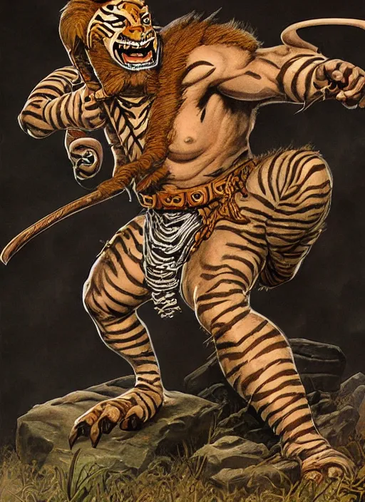 Image similar to tigerman, digital illustration for pathfinder, full body, by Wayne Reynolds, tony diterlizzi, frazetta, tim seeley, 2005, HQ scan, intricate details, MOTU, Monster Manula, Fiend Folio, D&D monster, fantasy art, artstation trending